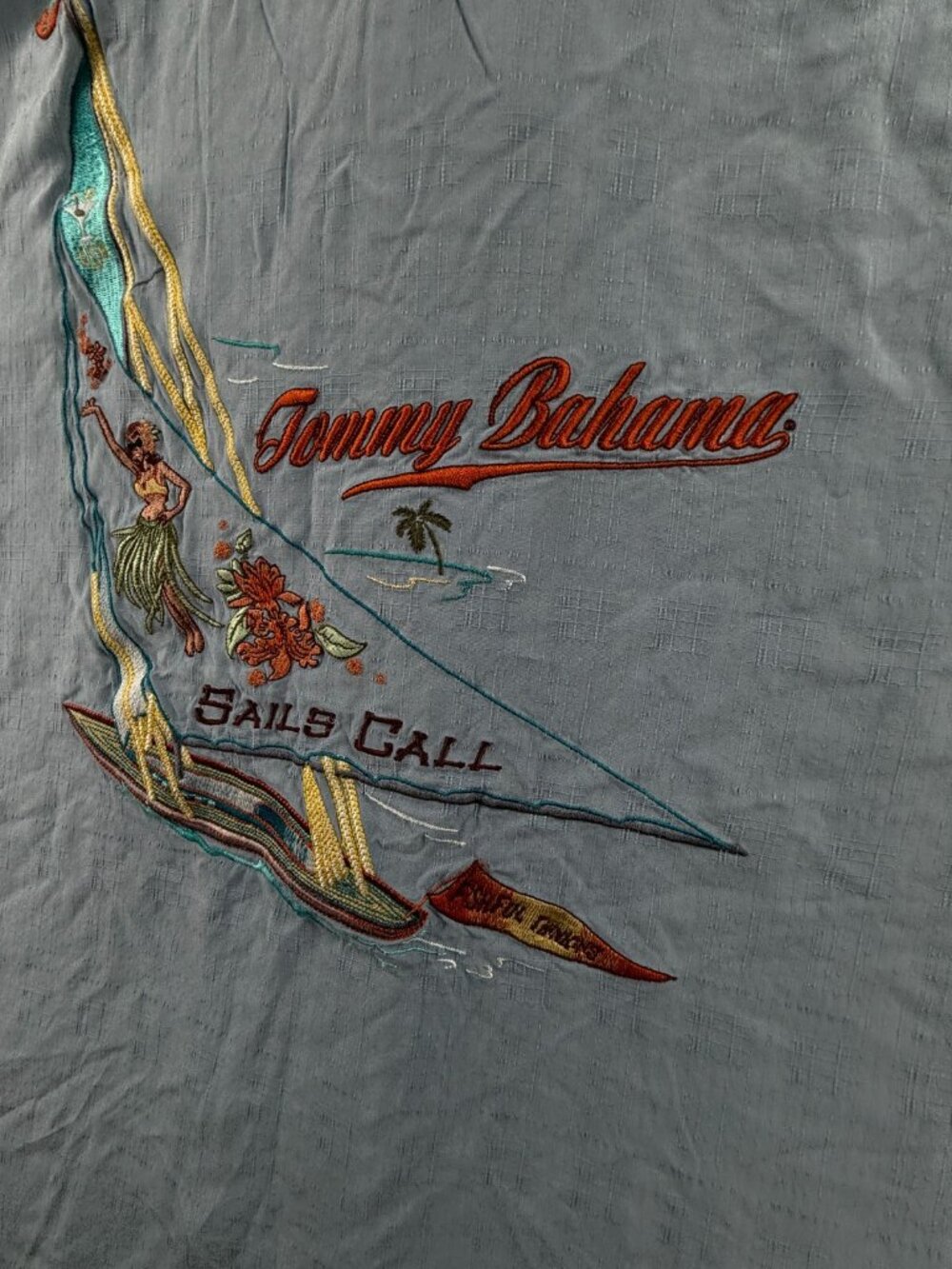 Tommy Bahama Sails Call Hula Girl Embroidered Hawaiian Shirt Blue 2XL Silk Adult - Picture 3 of 16